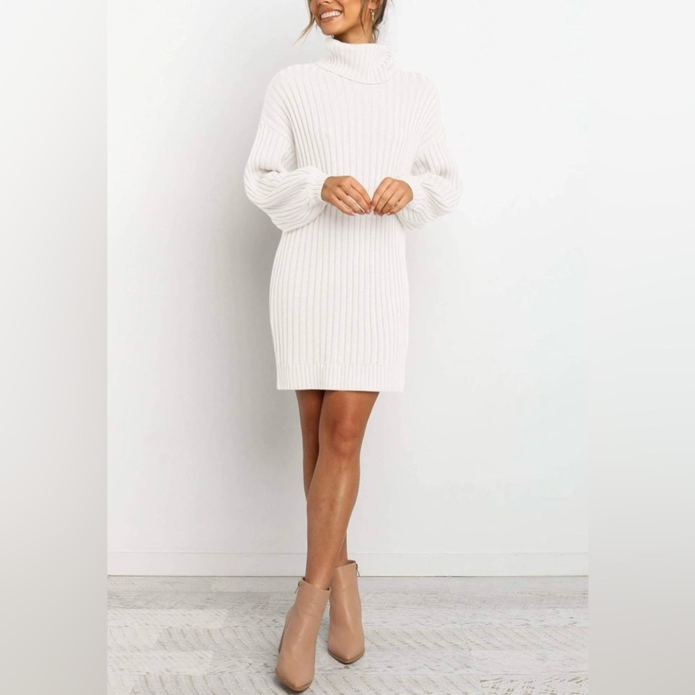YIBOCK White Ribbed Turtleneck Sweater Dress Size S - Picture 3 of 6